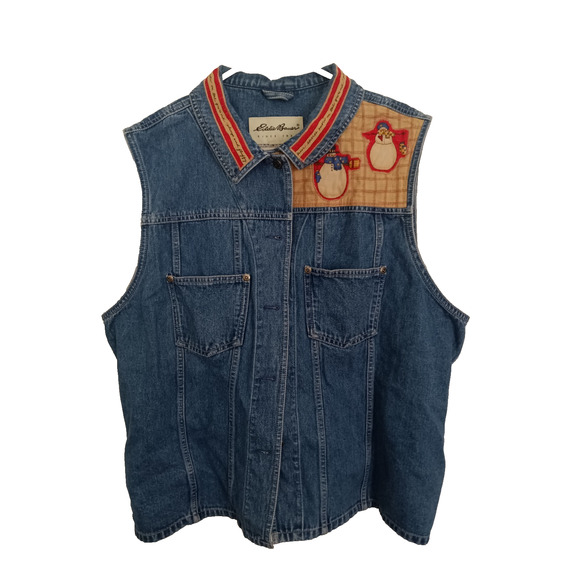 Eddie Bauer Cowgirl Rosie Denim Vest XXL Holiday Snowman Applique Western VTG - Picture 1 of 5